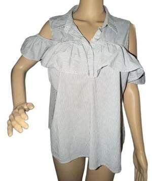 MICHAEL Michael Kors Blue White Pinstripe Cold Shoulder Ruffle Blouse Top XL